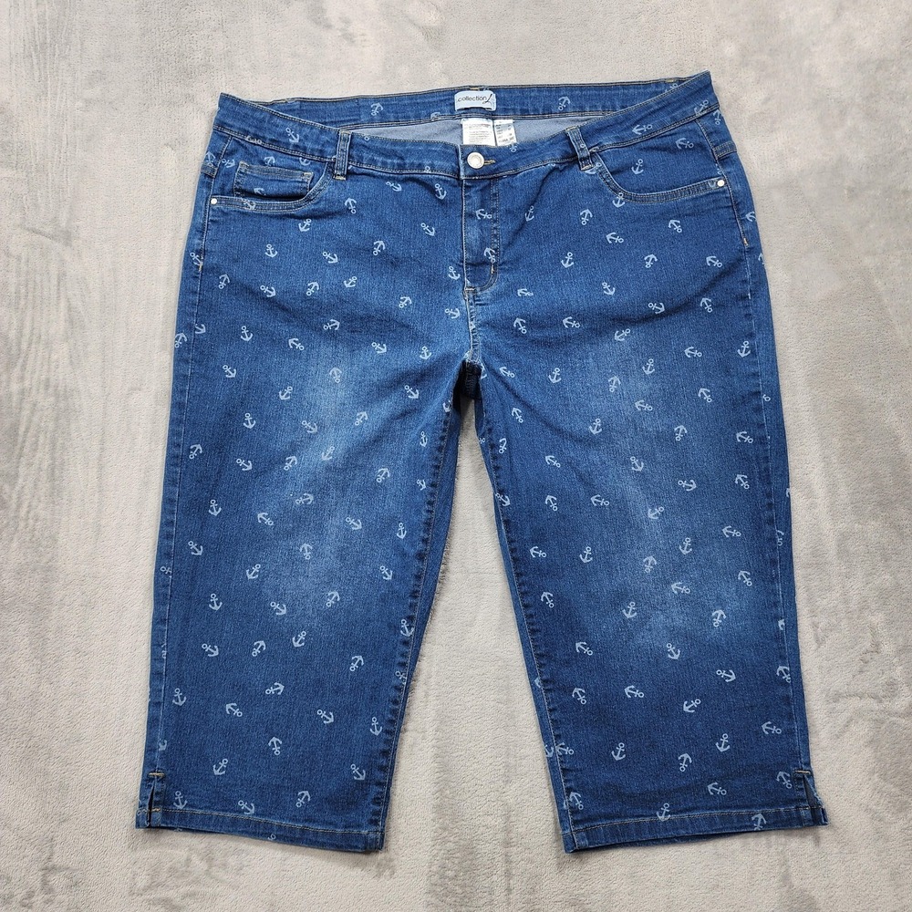 Collection L Jeans Womens 18 Blue Anchor Print High Rise Capri Stretch Nautical